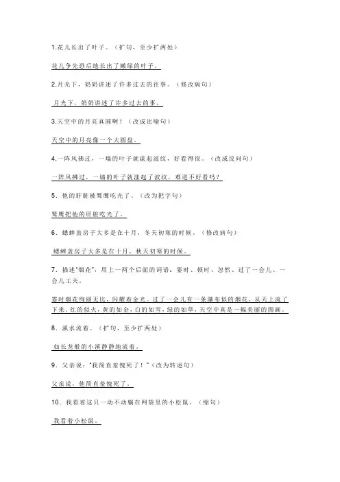 四年级语文上册专项：按要求写句子(附答案),练习提高