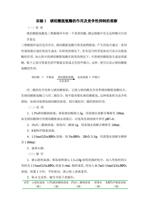 实验2  琥珀酸脱氢酶的作用及竞争性抑制的观察