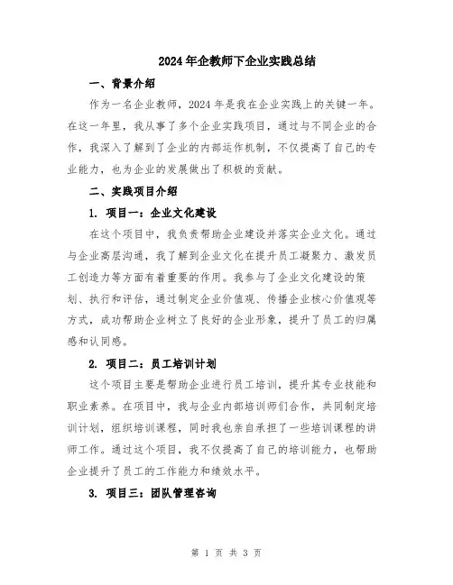 2024年企教师下企业实践总结