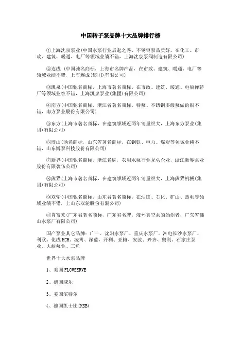 中国转子泵品牌十大品牌排行榜