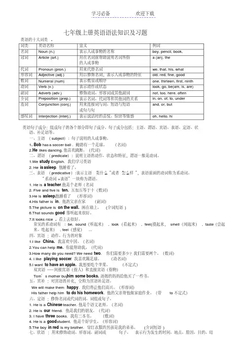 人教版七年级上册英语语法知识及习题