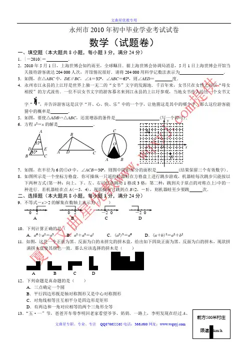 2010年湖南省永州市中考数学试题及答案.