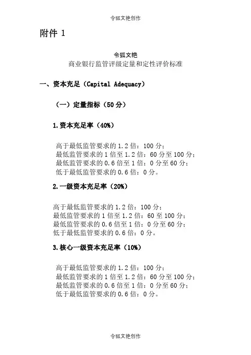商业银行监管评级定量和定性评价标准之令狐文艳创作