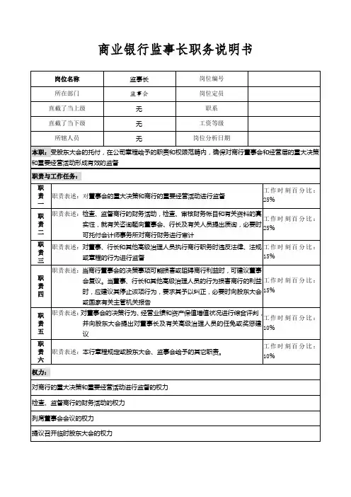 商业银行监事长职务说明书