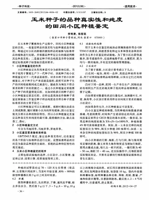 玉米种子的品种真实性和纯度的田间小区种植鉴定