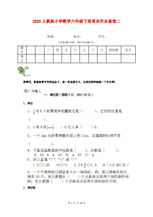 2020人教版小学数学六年级下册周末作业套卷二