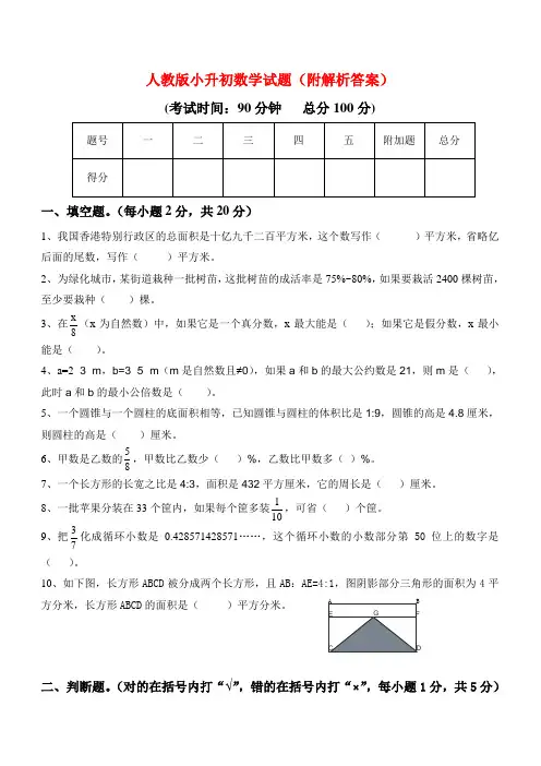 人教版小升初数学试题(附解析答案)