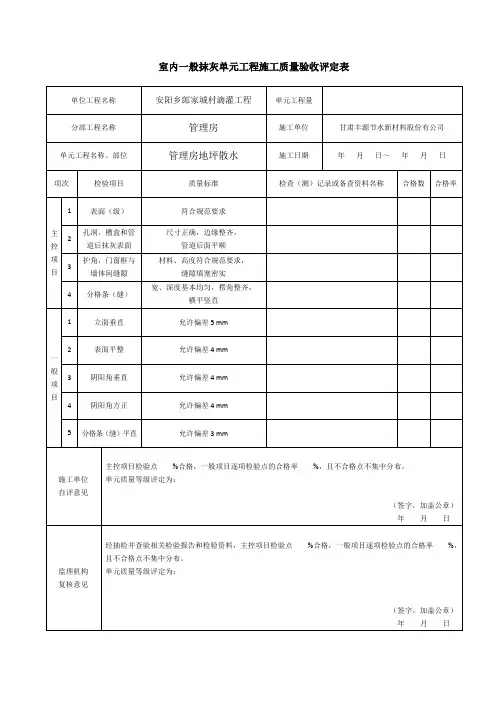 抹灰工程单元工程施工质量验收评定表