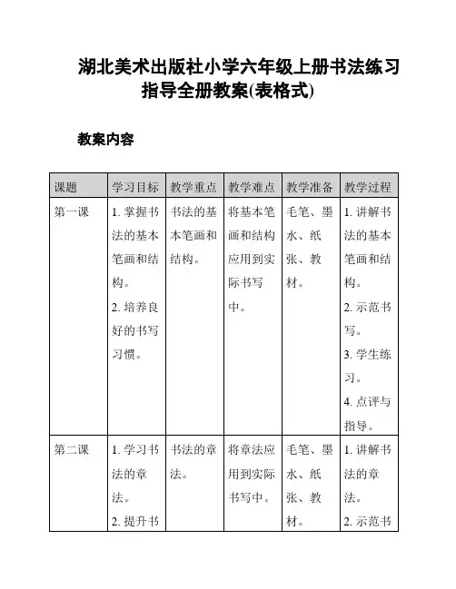 湖北美术出版社小学六年级上册书法练习指导全册教案(表格式)