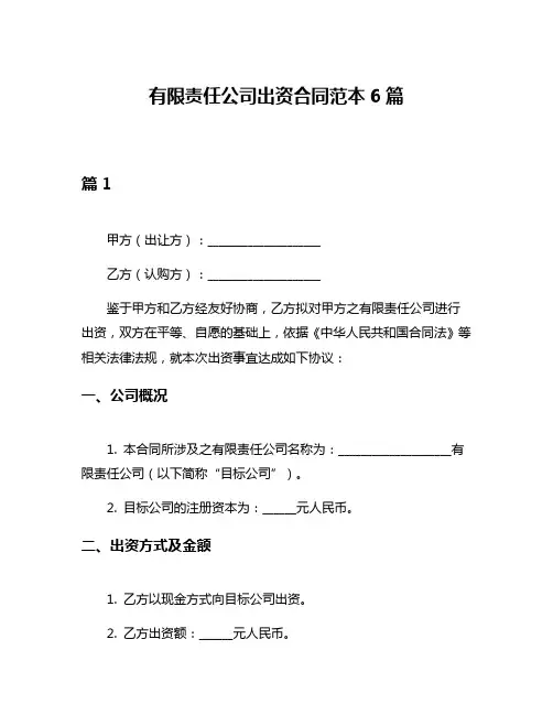 有限责任公司出资合同范本6篇