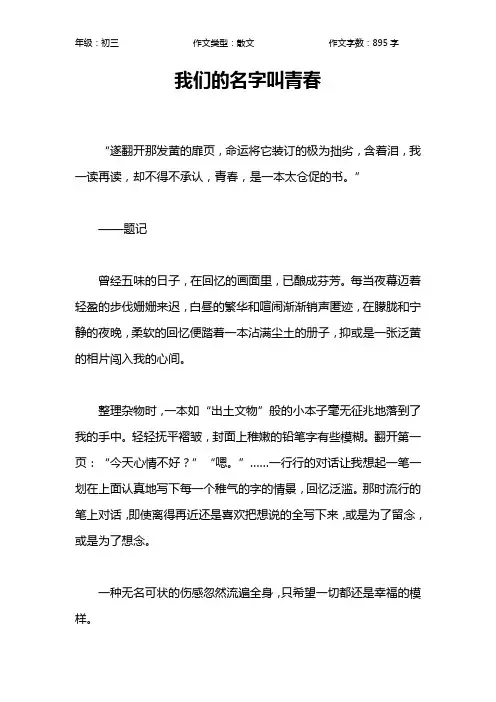 我们的名字叫青春作文【初中初三900字】