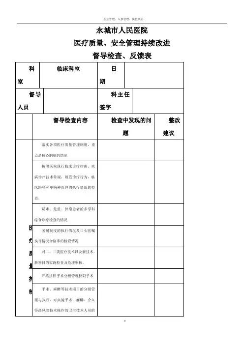 医疗质量、安全管理持续改进督查表