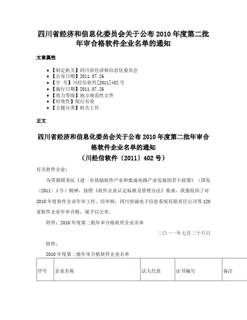 四川省经济和信息化委员会关于公布2010年度第二批年审合格软件企业名单的通知