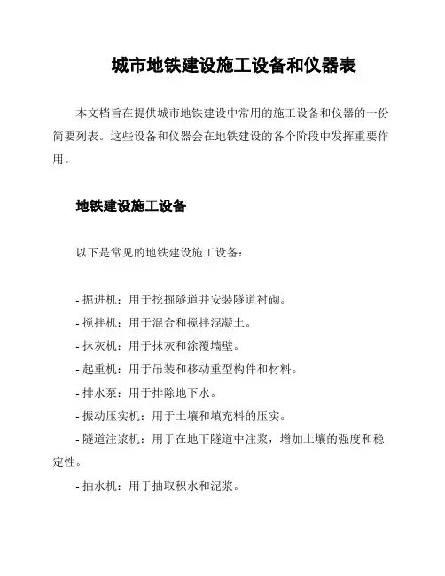 城市地铁建设施工设备和仪器表