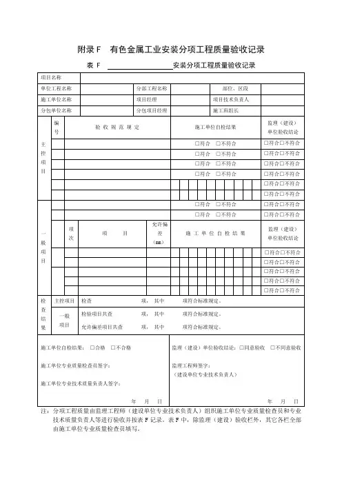 附录F  有色金属工业安装分项工程质量验收记录