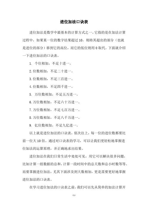 进位加法口诀表