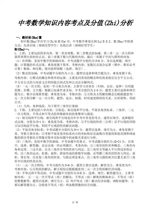 中考数学知识内容考点及分值分析
