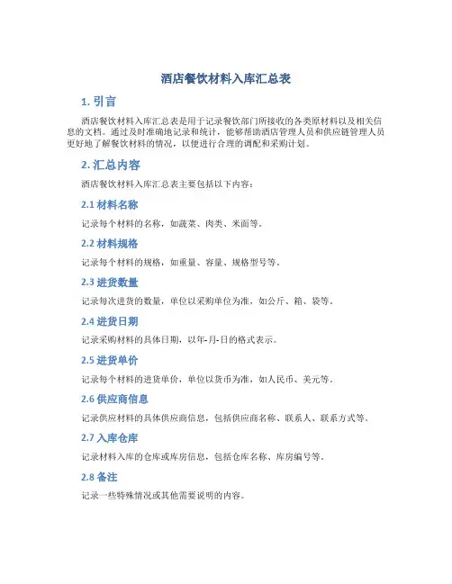 酒店餐饮材料入库汇总表