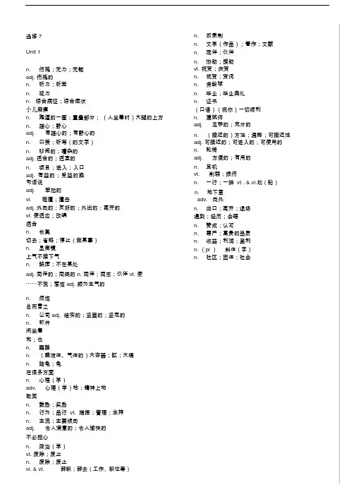 高中英语必修7-选修8单词表中文-