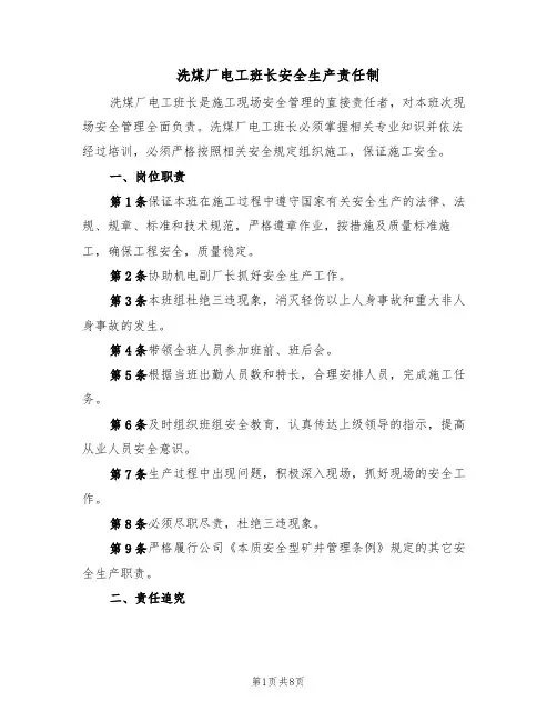洗煤厂电工班长安全生产责任制（5篇）