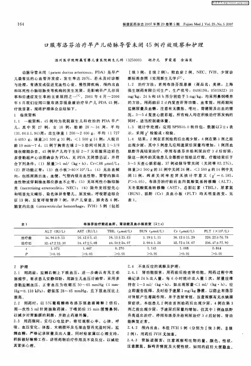 口服布洛芬治疗早产儿动脉导管未闭45例疗效观察和护理