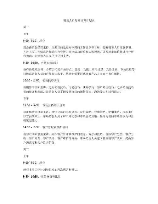 销售人员每周培训计划表