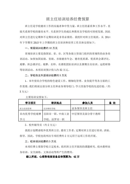 班主任培训培养经费费预算