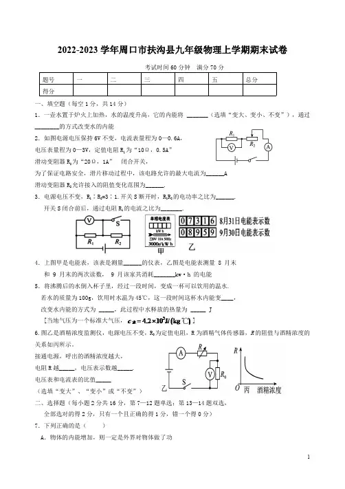 2022-2023学年周口市扶沟县九年级物理上学期期末试卷附答案