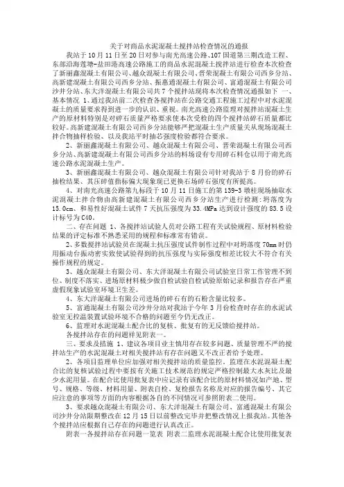 关于对商品水泥混凝土搅拌站检查情况的通报