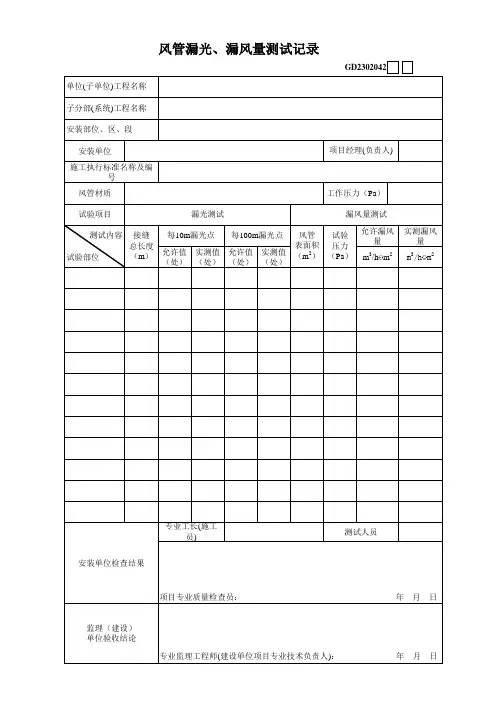风管漏光漏风量测试记录