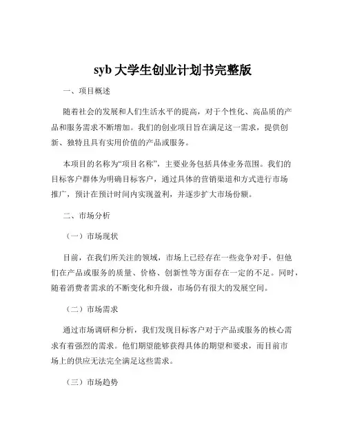 syb大学生创业计划书完整版