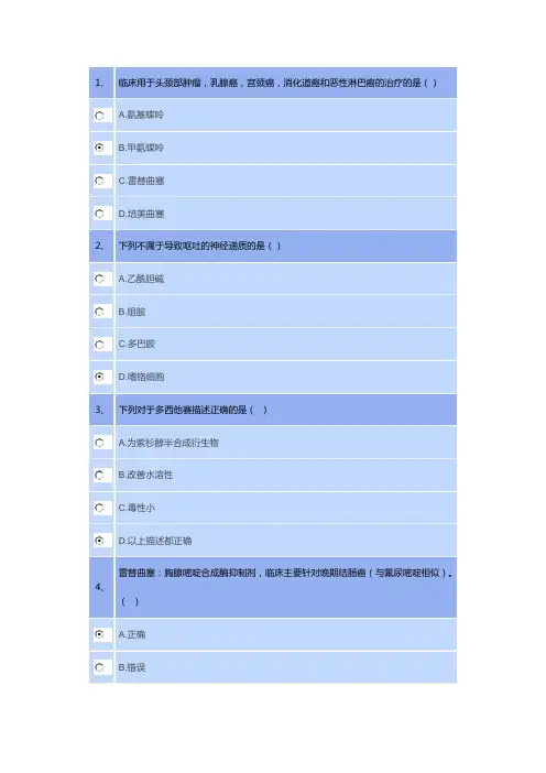 2020年执业药师继续教育 恶性肿瘤的药物治疗答案