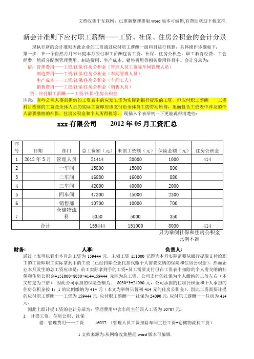 新会计准则下应付职工薪酬工资、社保、住房公积金核算