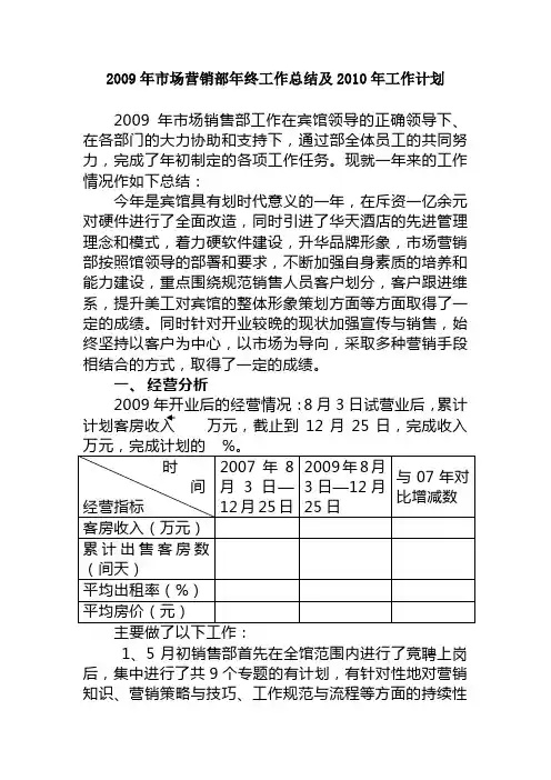 2009年市场营销部年终工作总结及2010年工作计划