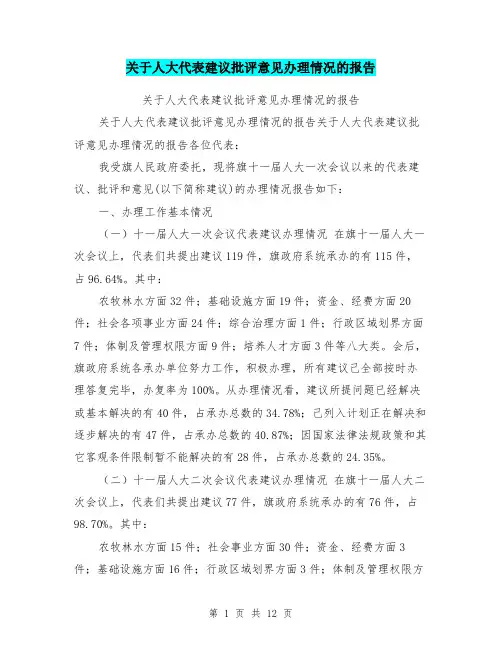关于人大代表建议批评意见办理情况的报告