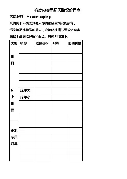 客房内物品损害赔偿价目表