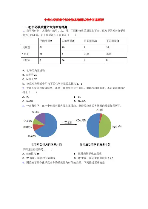 中考化学质量守恒定律易错测试卷含答案解析