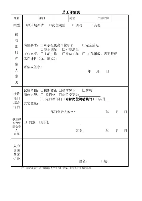 事业部员工评估表