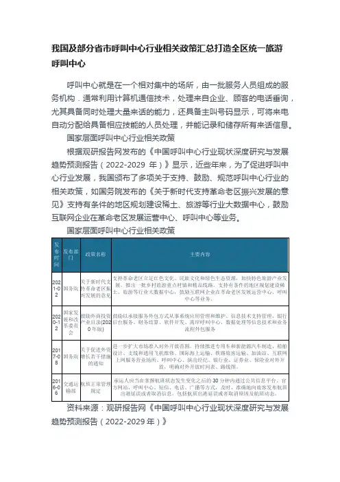 我国及部分省市呼叫中心行业相关政策汇总打造全区统一旅游呼叫中心