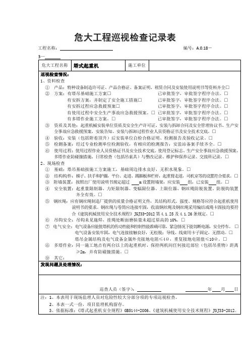危大工程巡视检查记录表塔式起重机