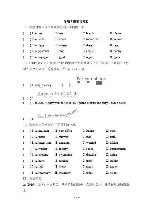 小学六年级英语上册期末复习专项1 语音与词汇(含答案)人教PEP版