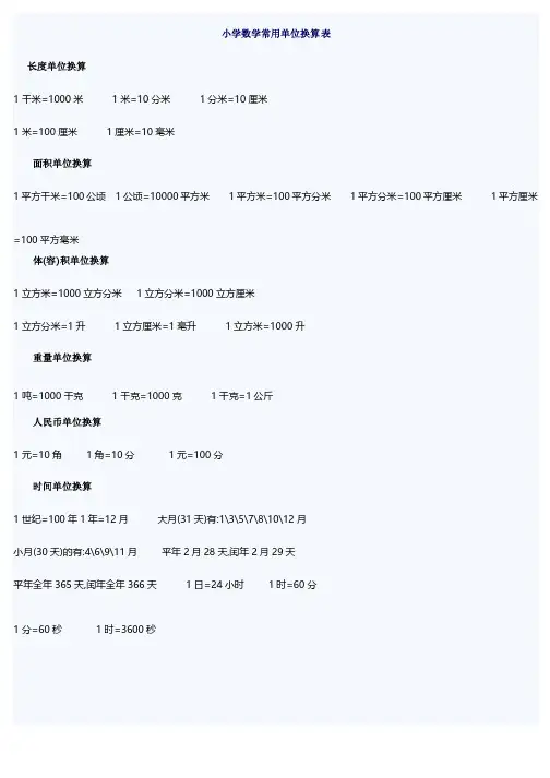 小学数学1到6年级常用单位换算表