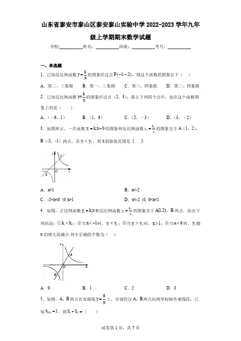 山东省泰安市泰山区泰安泰山实验中学2022-2023学年九年级上学期期末数学试题