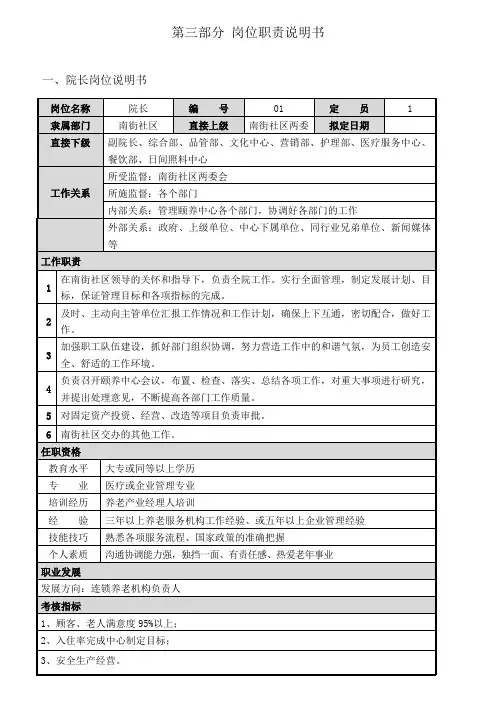 养老院各岗位职责说明书