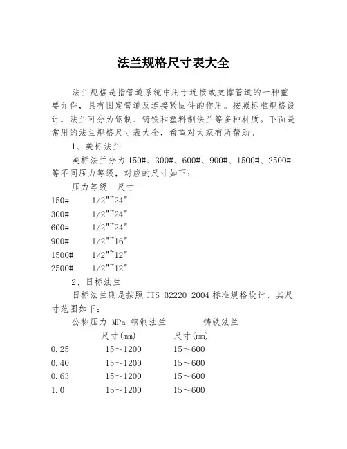 法兰规格尺寸表大全