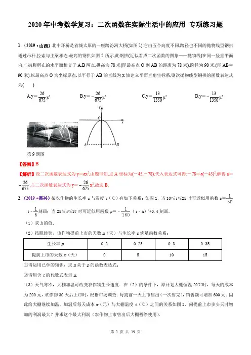 2020年中考数学复习：二次函数在实际生活中的应用 专项练习题(含答案解析)