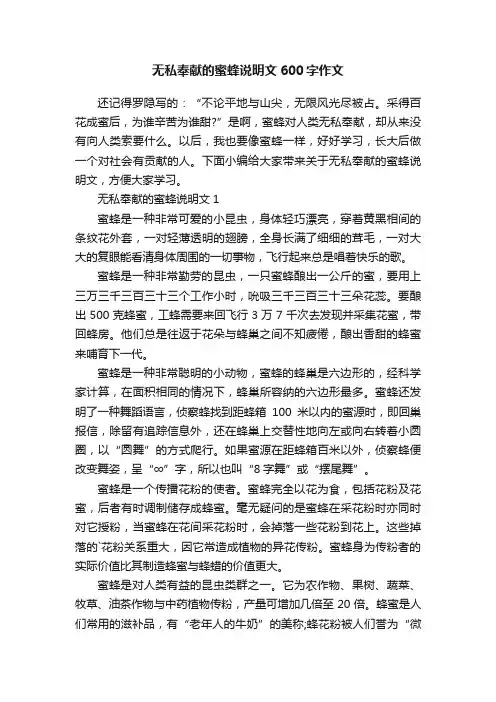 无私奉献的蜜蜂说明文600字作文