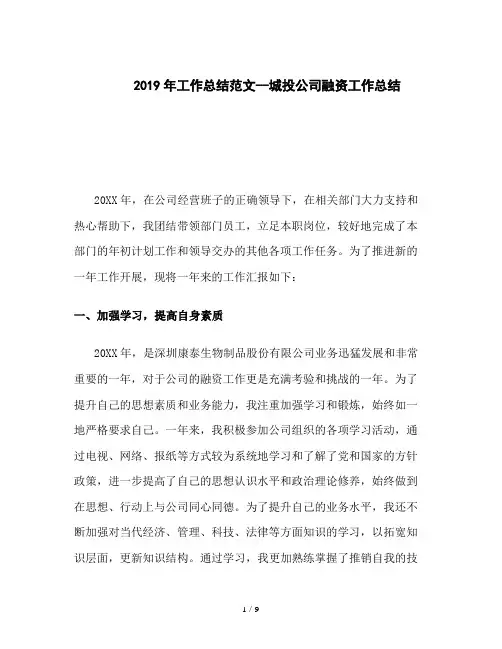 2019年工作总结范文--城投公司融资工作总结