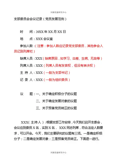 支部委员会会议记录（党员发展范例）
