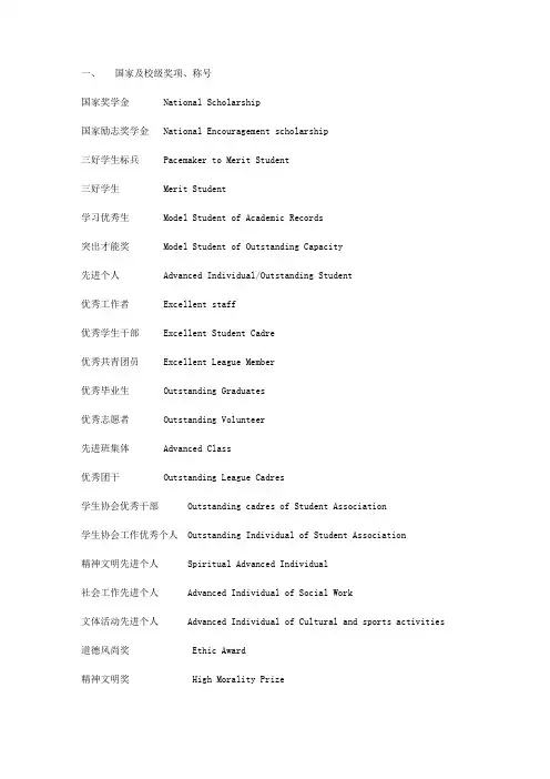 各种奖学金职位称号中英文对照